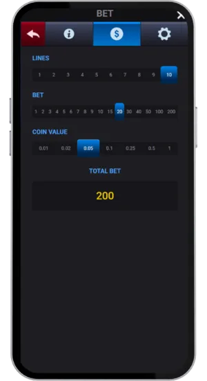 Bet settings with lines, coin value and total bet