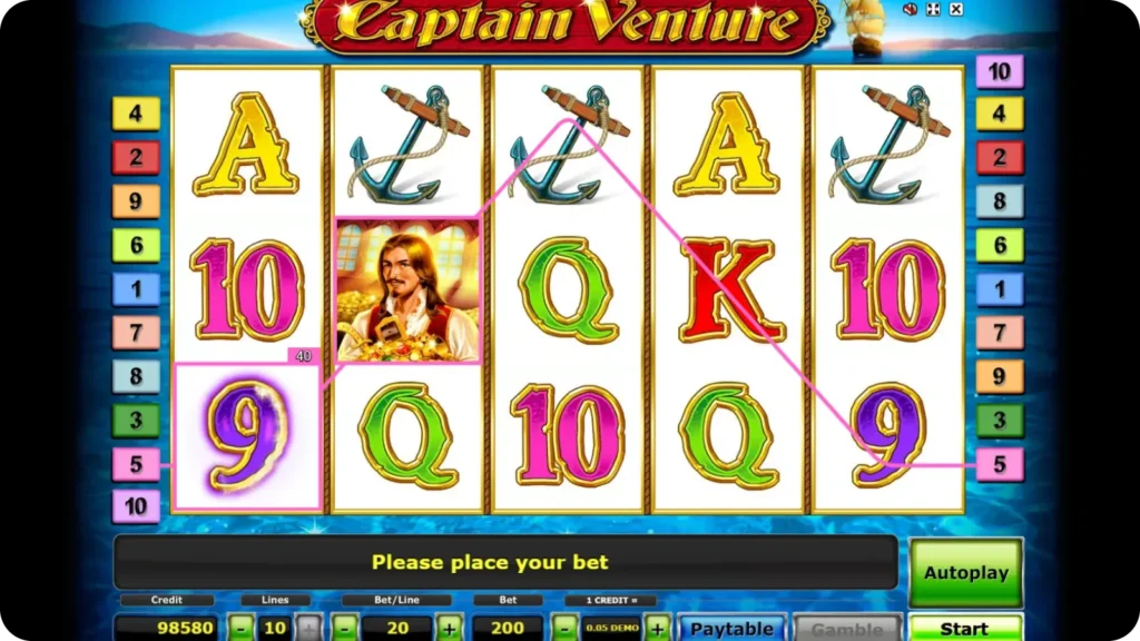 Captain symbol acting as wild substitute in Captain Venture slot