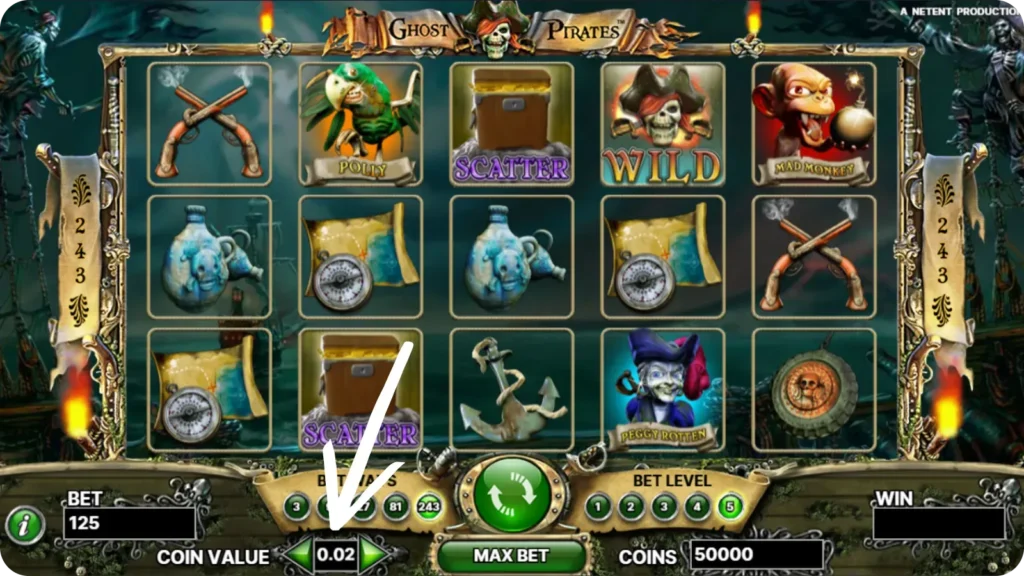 Bet level adjustment screen in Ghost Pirates slot