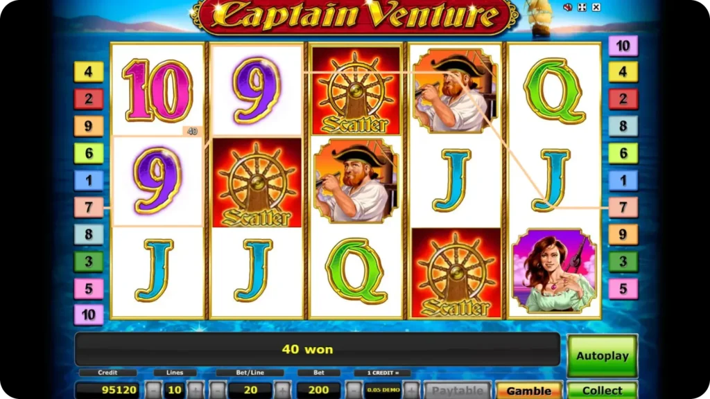 Free spins feature with scatter wheels in Captain Venture slot