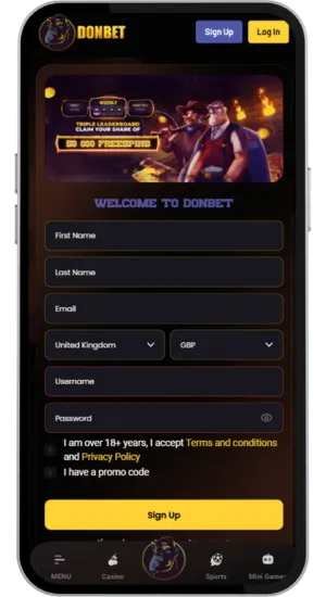 Casino sign-up and deposit screen