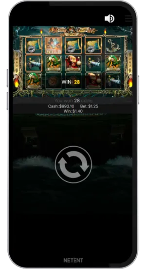 Winning spin with 28 coins collected from wild and pirates