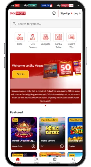 Sky Vegas website main interface