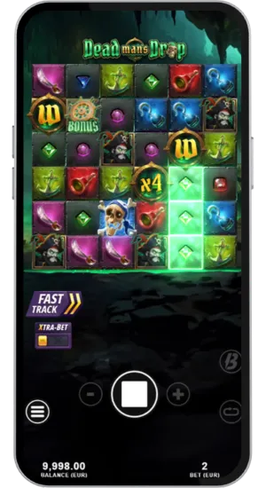 Dead Man's Drop slot grid with skulls, treasure chests and winning combinations