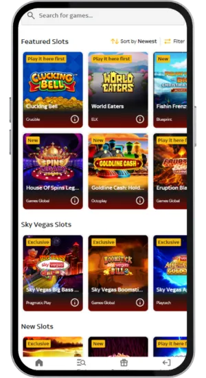 Sky Vegas game selection lobby