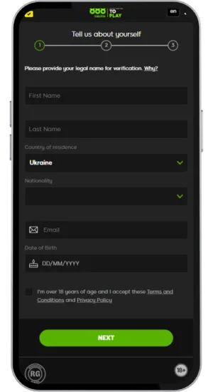 888 Casino registration form with verification fields