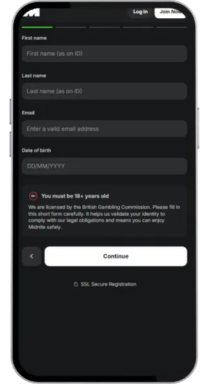 MidNite Casino registration form