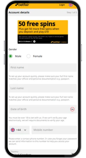 Betfair Casino registration form with required fields