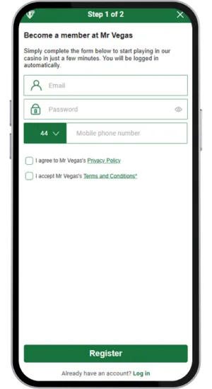 Registration form fields on Mr Vegas UK