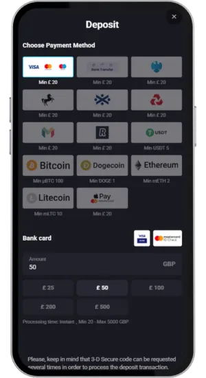 Deposit page with payment options