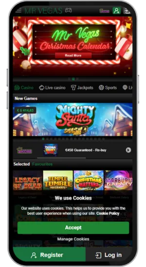 Homepage of the Mr Vegas UK casino site