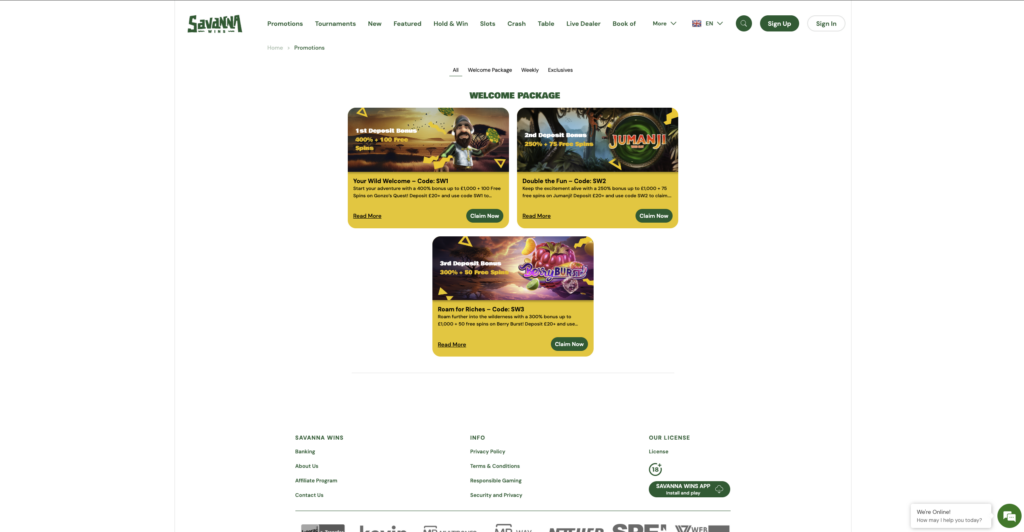 Savanna Wins casino Bonuses