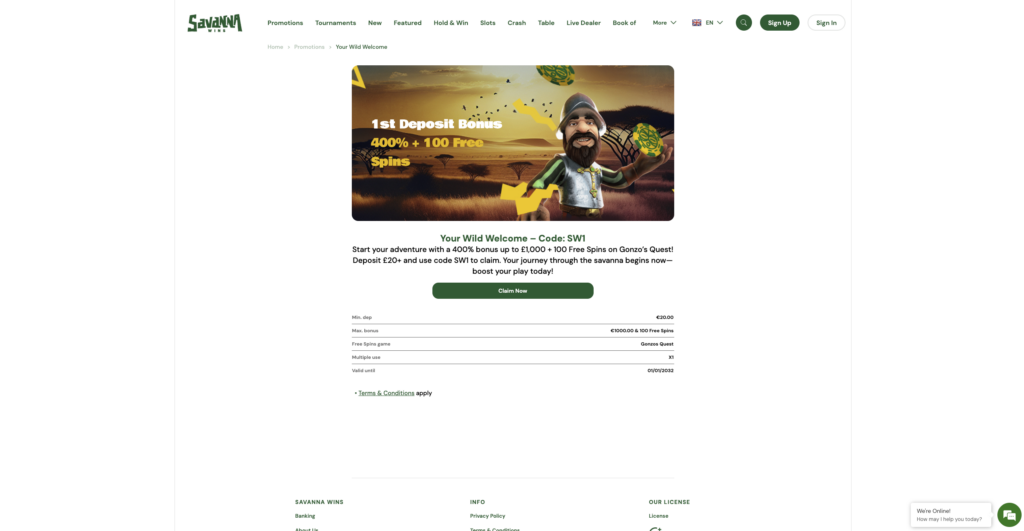 Welcome Bonus Savanna Wins