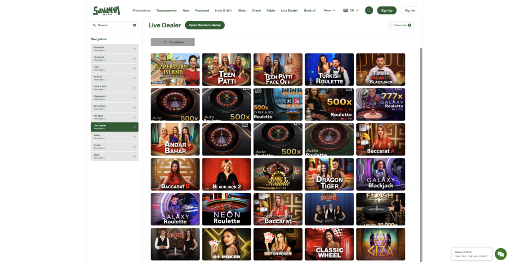 Live Dealer Games SavannaWins Casino