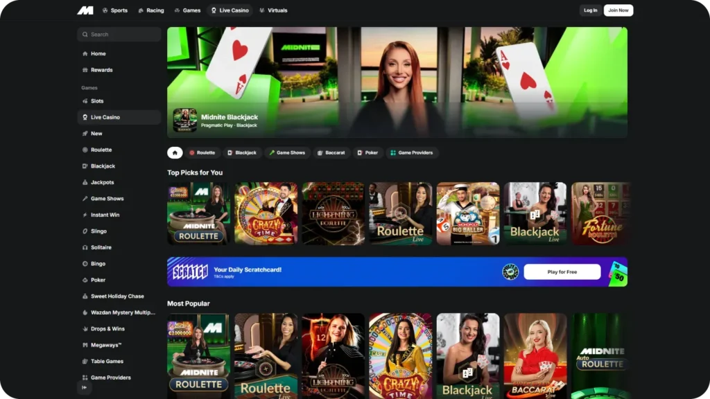 Live Dealer Games in casino MidNite slots
