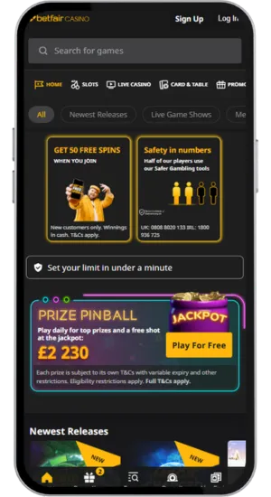 Betfair Casino homepage in the UK with sign-up button