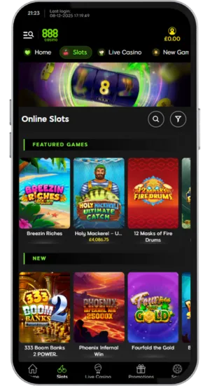 Lobby of 888 Casino with game categories