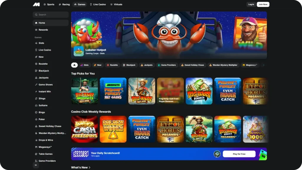 Structured interface in MidNite Casino
