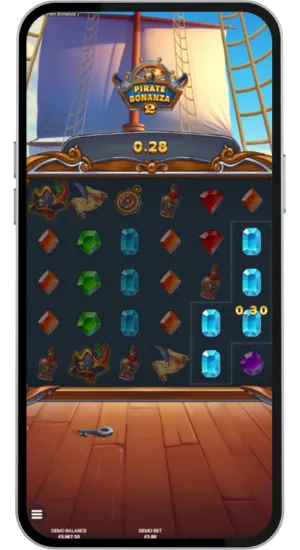Pirate Bonanza 2 slot grid with pirates and winning combinations
