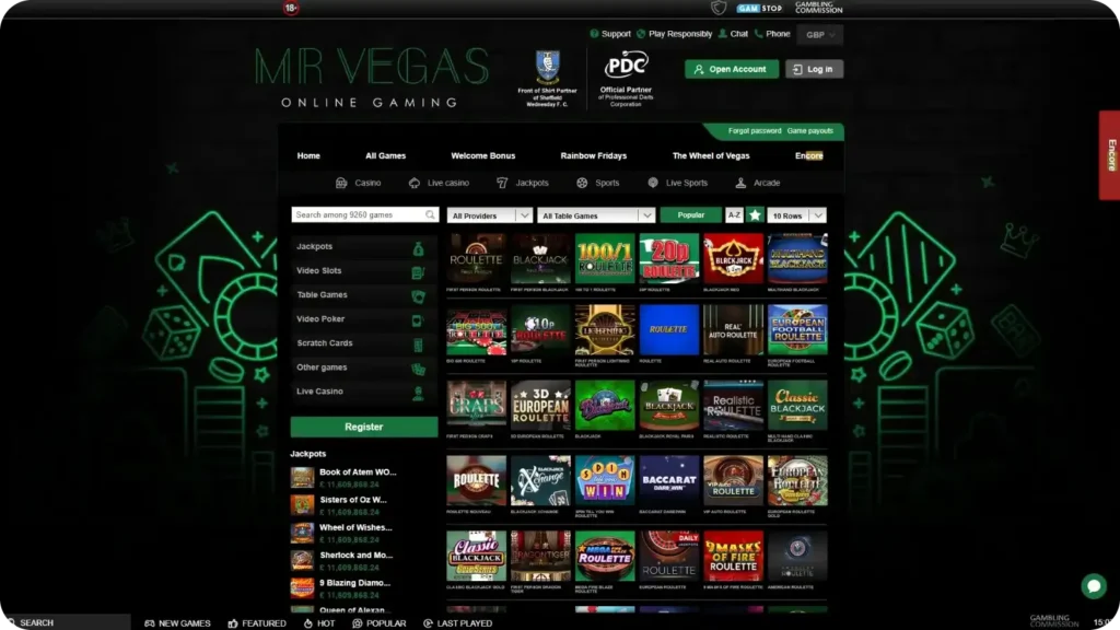 Table Games in Mr Vegas casino online
