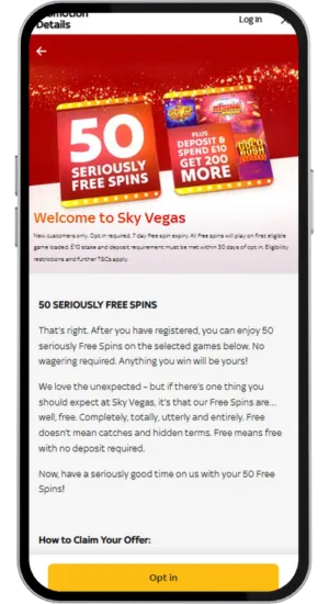 Sky Vegas payment and deposit screen