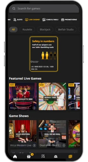 Game lobby with search bar and category filters
