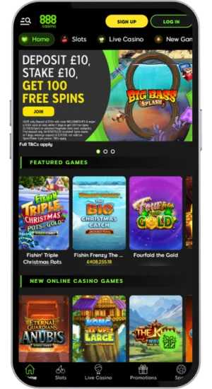 Homepage of 888 Casino showing the main navigation