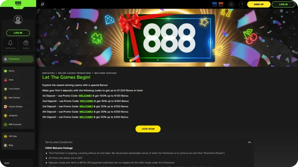 Welcome Bonus for players in 888 Casino online